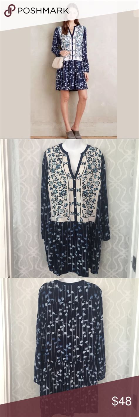 Anthropologie Tiny Embroidered Blue Tunic Dress Blue Tunic Dress