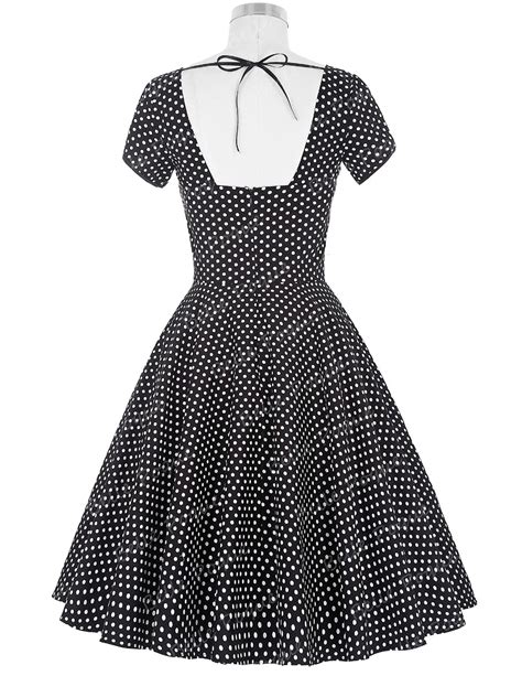 Bp000113 Belle Poque Ladies Short Sleeves 50s Retro Vintage Cotton Black Dress With White Polka