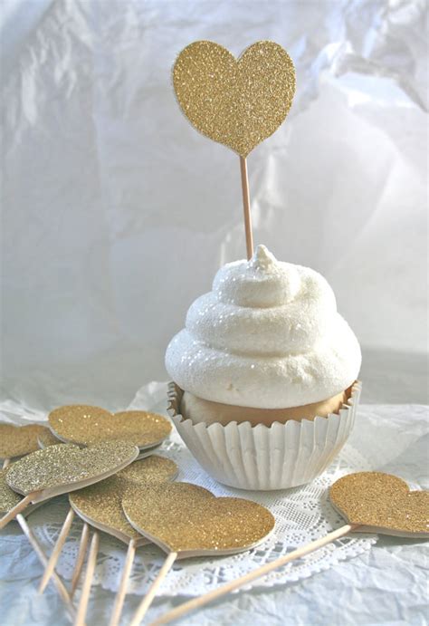 Glittered Gold Heart Cupcake Toppers Food Picks By Swoonpartyshop Bridal Shower Cupcakes
