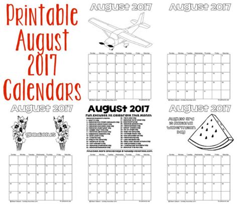 Printable August 2017 Calendars Holiday Favorites