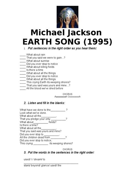 Michael Jackson Earth Song Worksheet W Gaps