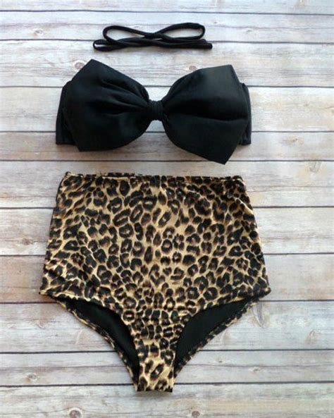 Chic Halter Leopard Print Bowknot Design High Waisted Bikini Set For
