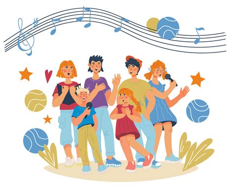 Group Of Children Cartoon Characters Singing In School Chorus Music