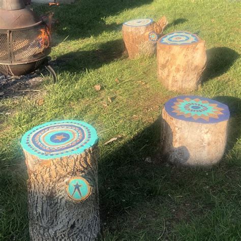 Painted Tree Stumps Around Camp Fire Garden Art Sculptures Diy