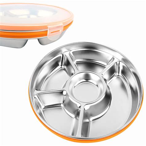 Stainless Steel 5 Grids Divided Dish Snack Dinner Plate Adult Kids