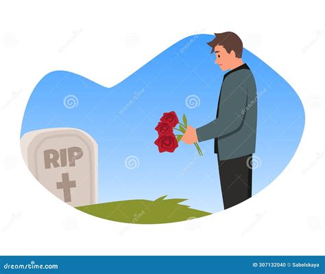 Sad Man with a Funeral Flowers on the Gravestone Burial, Vector Person