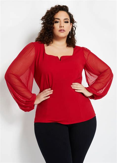 Plus Size Fitted Mesh Trim Top Tops Trim Top Fancy Tops