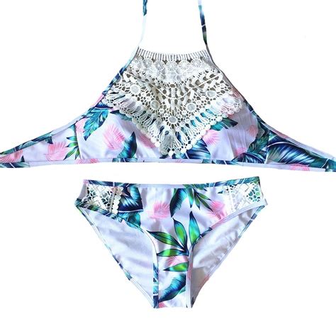 Womens Vintage Beach Lace Splice Halter Bikini High Neck Printed