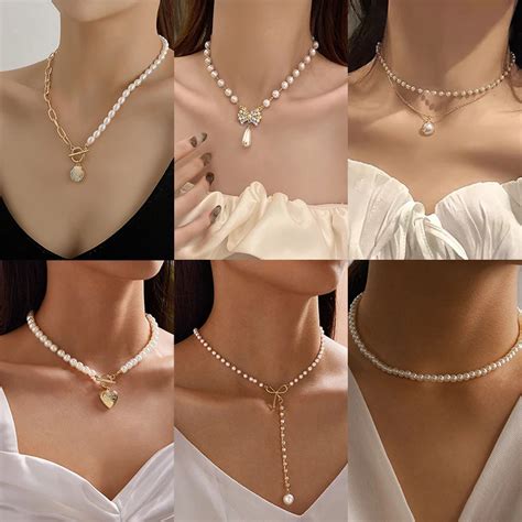 New Style Simple Pearl Bead Chain Choker Necklace Crystal Bowknot Tassel Necklace For Women