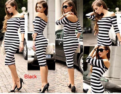 Off Shoulder Striped Office Cotton Bodycon Dress Striped Pencil Dress Black White Striped