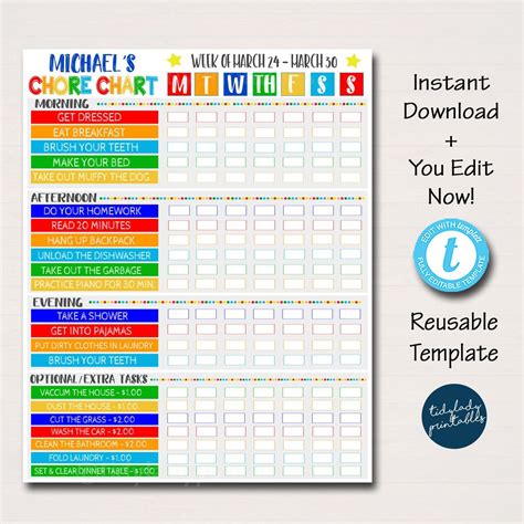 Kids Chore Chart Checklist Daily Weekly Routine Schedule Etsy Chore