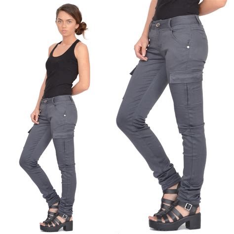 new ladies womens grey slim fitted combat pants skinny cargo trousers jeans ebay