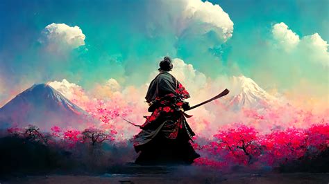 Samurai Japan Blossoms Mountains Nature Japanese Art Ia Art Wallpaper