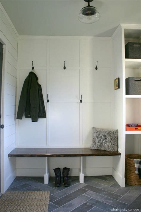 What follows are beautiful photos of mudrooms along with design ideas we points of interest ● color coordinated throw pillows matching the floor runner's tones ● dark wooden door with small glass upper panels ● open shelf. shiplap and slate mudroom - whaling city cottage | Mudroom ...