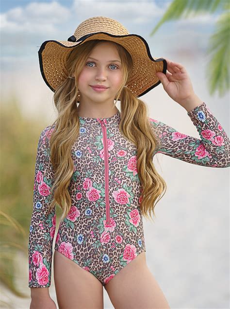 Toddler Swimwear Girls Leopard Floral Rash Guard One Piece Swimsuit
