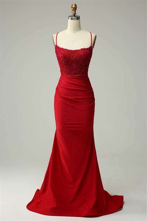 Zapakasa Women Prom Dress Dark Red Spaghetti Straps Mermaid Evening Dress