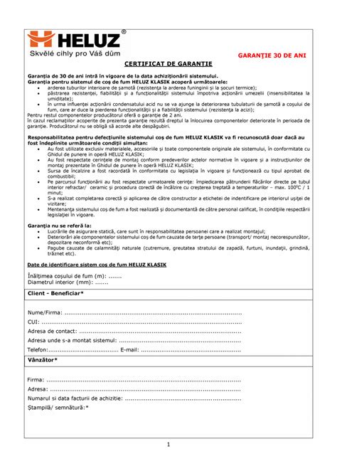 Certificat De Garantie Cos De Fum Heluz Certificare Produs Romana