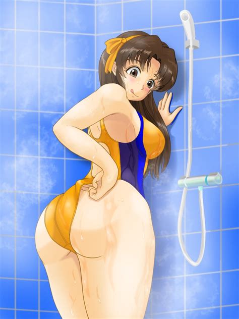 rule 34 1girls adjusting clothes adjusting swimsuit against wall artist request ass bathroom