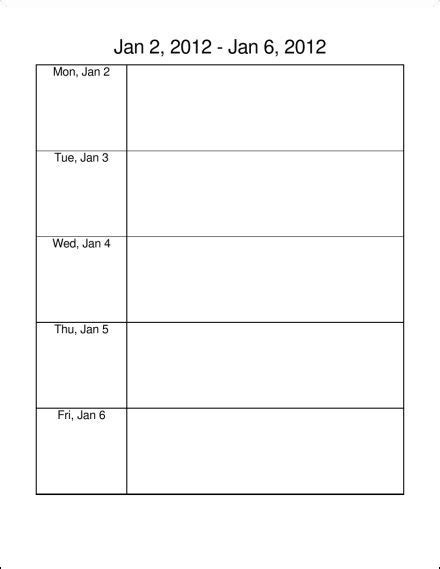 Printable Monday Through Friday Template Example Calendar Printable