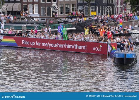 a and out lgbt netwerk allen and overy boat at the gaypride canal parade with boats at amsterdam