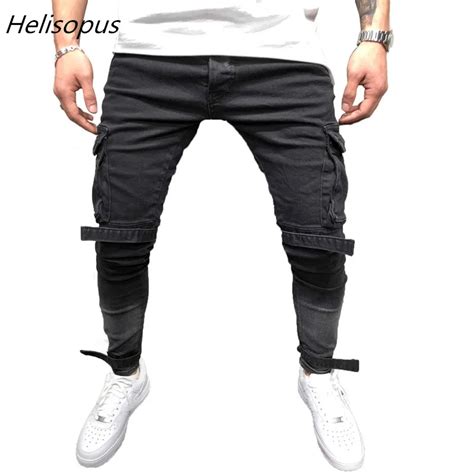 helisopus 2019 autumn streetwear hip hop jeans men classical pockets slim pants elastic denim