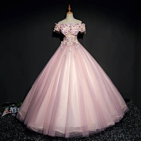 Chic Beautiful Pearl Pink Prom Dresses 2017 Ball Gown Lace Flower
