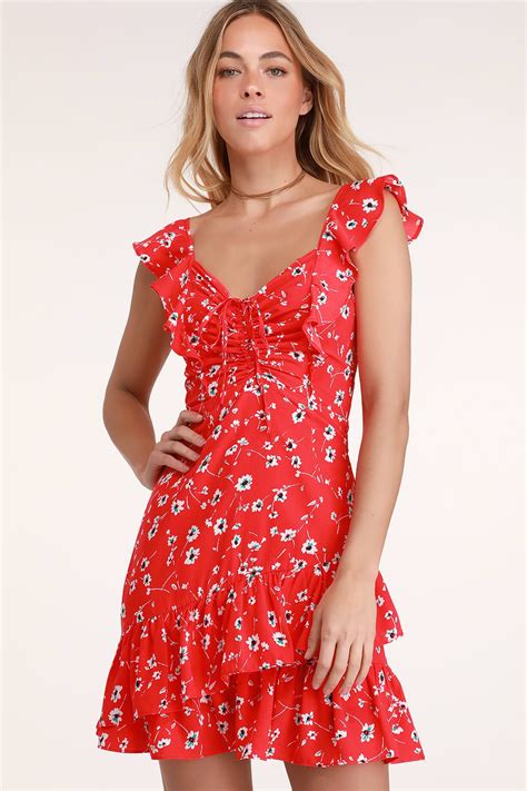 On The Patio Red Floral Print Ruffled Mini Dress Pretty Red Dress
