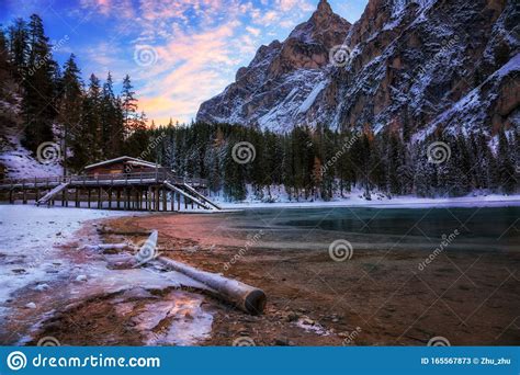 Winter Sunrise Over Lago Di Braies Dolomites Italy Stock Image