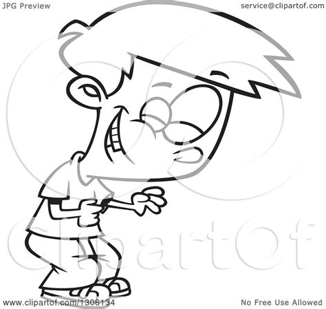 Lineart Clipart Of A Cartoon Black And White Boy Clutching His Tummy