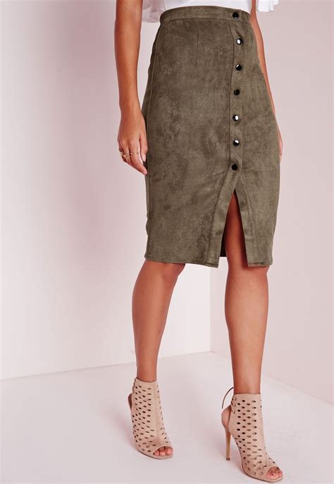 Missguided Button Through Faux Suede Midi Skirt Khaki Skirts Midi
