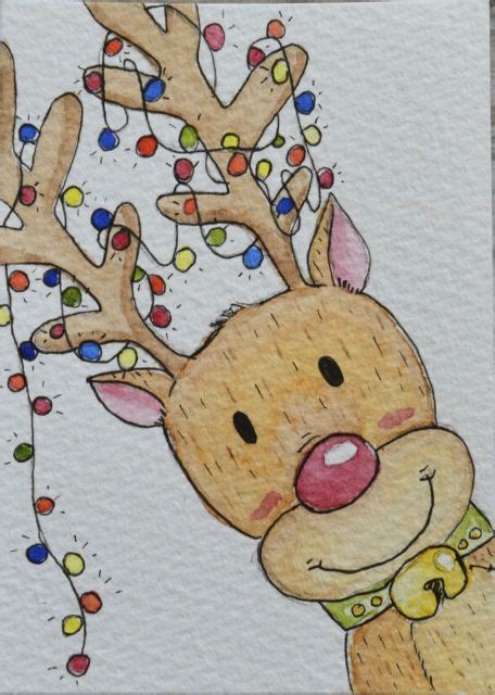 Aceo Original Watercolour And Pen Reindeer Christmas Collection