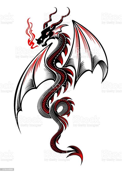 Ilustración De Negro Y Rojo Dragones Tatuaje Tribal Y Más Vectores