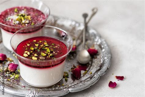 Malabi Muhallebi Milk Pudding With Pistachios Arabic Desert Stock