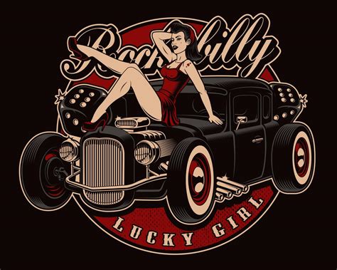 Pin Up Girl With Classic Hot Rod Vector Art At Vecteezy