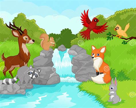 Beautiful Waterfall With Wild Animals Stock Vector Illustration Of