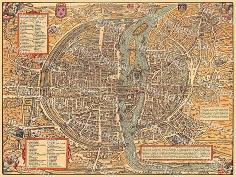 Vintage Map Of Paris Historic 1575 Plan De Paris France Restoration