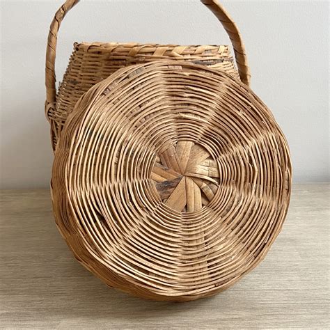 Reserved Large Bamboo Basket Vintage Woven Wicker Handled Lidded Basket