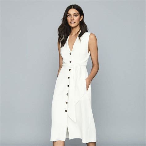 Rosalind White Linen Blend Belted Midi Dress Reiss In 2020 Belted Midi Dress Midi Dress