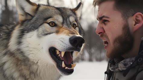 Man Looks Up At A Wolf And His Mouth Is Open Background Cringe Wolf