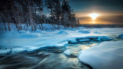 Cold Water Winter Sun Snow Ice Trees Nature Forest Long