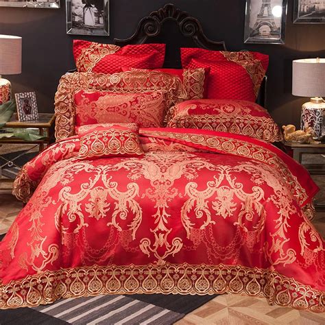 2018 Luxury Red European Style Bedding Set Silk Cotton Blend Jacquard King Size Duvet Cover Flat