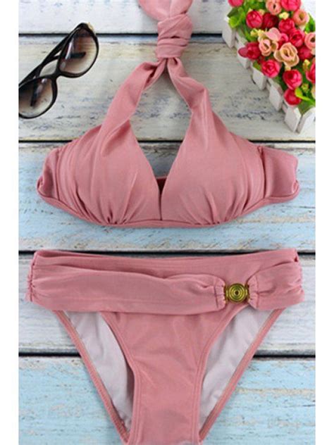 [15 Off] 2021 Halter Solid Color Bikini Set In Pink Zaful