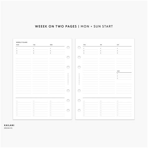 Undated Weekly Planner A6 Inserts Week On Two Pages Wo2p A6 Etsy