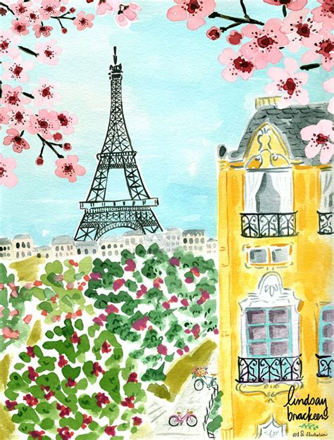 A Painting Of The Eiffel Tower In Paris With Cherry Blossoms On Trees