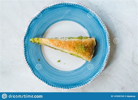 Turkish Baklava With Pistachio Served With Plate Havuc Dilimi Stock