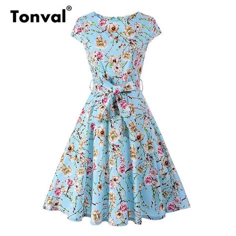 Tonval Vintage Cap Sleeve Floral Blue Dress With Belt Women Summer Cot Charlylifestyle