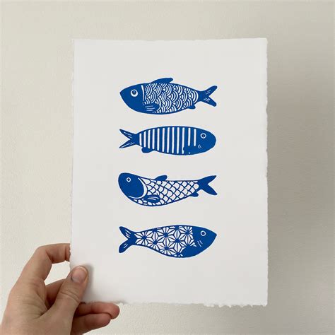 Blue Fish Linocut 18 X 24 Cm Original Print Fish Etsy