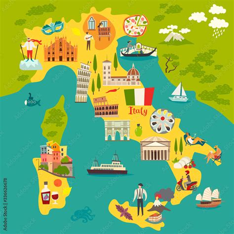 Italy Poster Cartoon Map Of Italy For Kidchildren Italian Landmarks