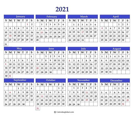 Free Yearly Vertical Calendar 2021 Month Calendar Printable