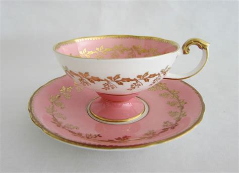 Aynsley Bone China Footed Cup Saucer Pink Rose Gold Gilt C1934 50s Exquisite Vintage Crockery